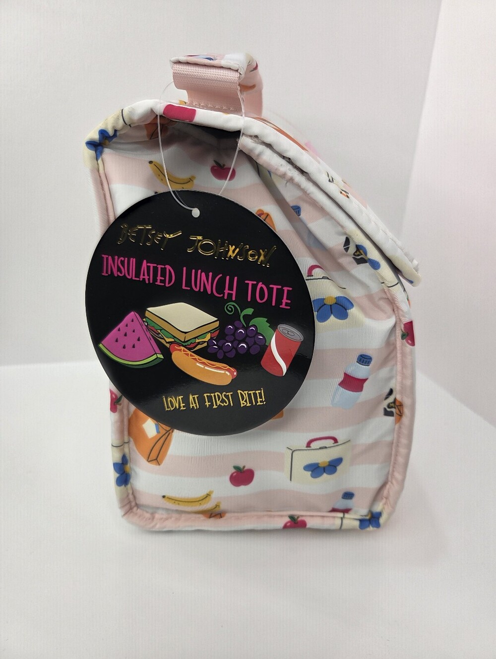 💕▪️Betsey Johnson ▪️Pink Striped Flap Top Lunch Bag with Fruit & Snack Print - Picture 2 of 6
